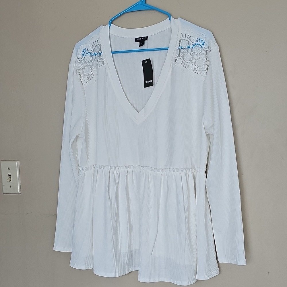 Torrid Ivory V-Neck Blouse with Crochet Details